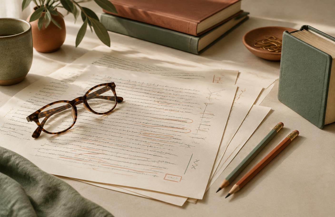 A manuscript, reading glasses, and pencils arranged on a warm writing desk