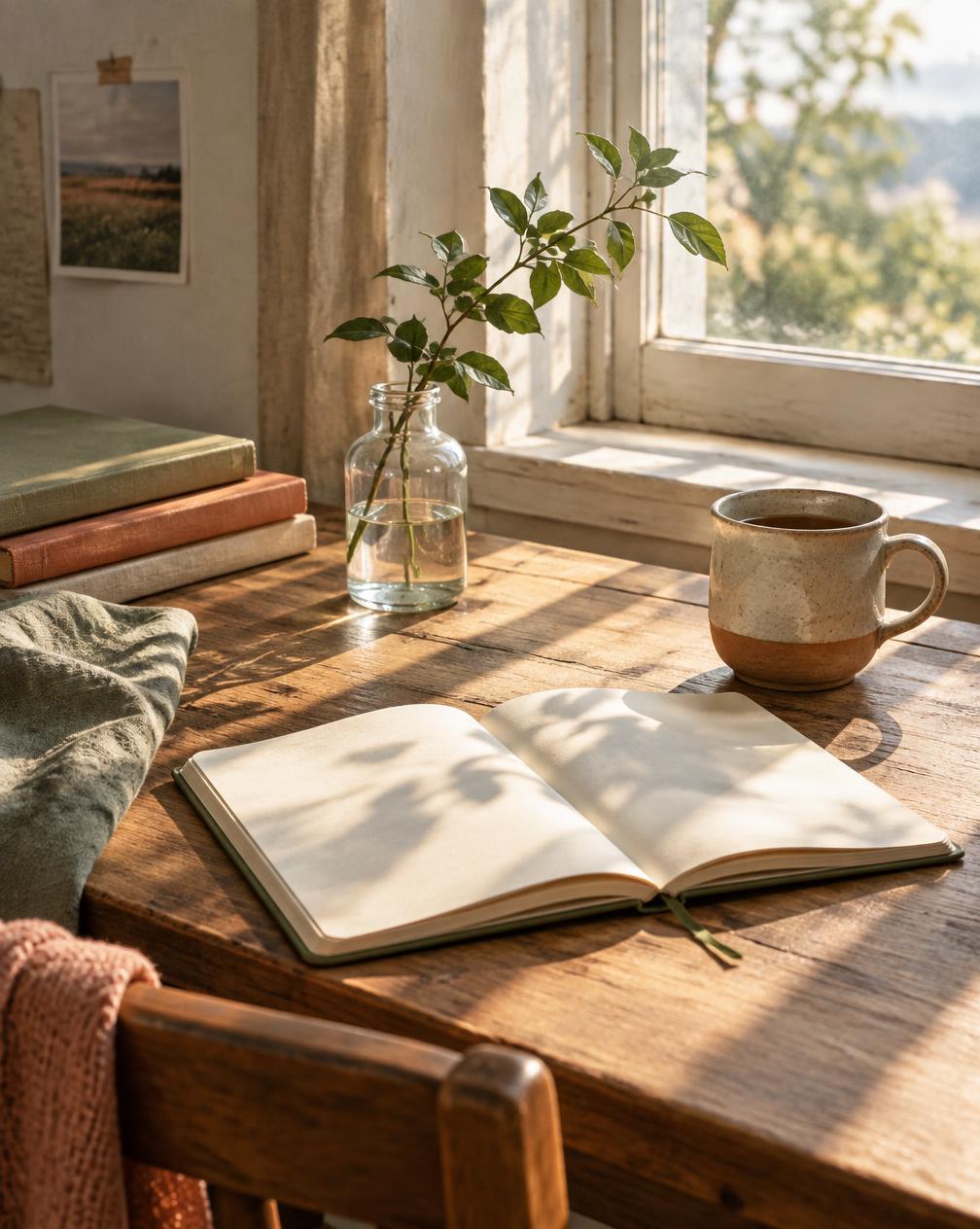 A blank journal, tea, and a green branch on a sunlit writing table