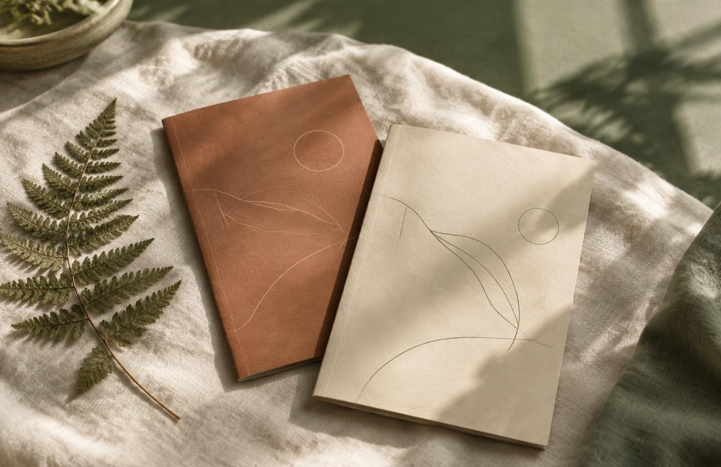 Two poetry chapbooks in terracotta and cream beside a pressed fern